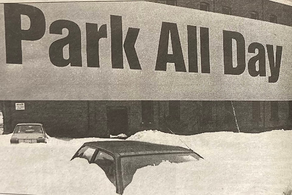 A parked car buried under snow in Victoria after the Blizzard of 96 left many digging for their vehicles. (Courtesy of Goldstream News Gazette, Jan. 3. 1997)