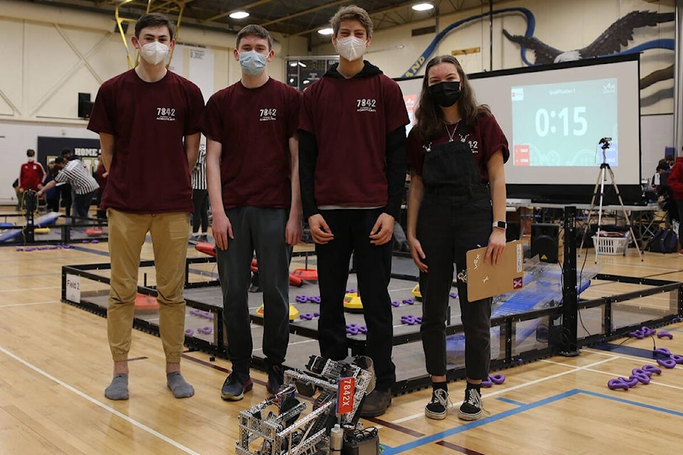 From far left: Nicholas Horel, Andrew Phillips, Noah Doeschner-Fretts, Katie Brown. Tournament Champions, Robot Skills Champions and winners of the Excellence Award. Photo, SD71