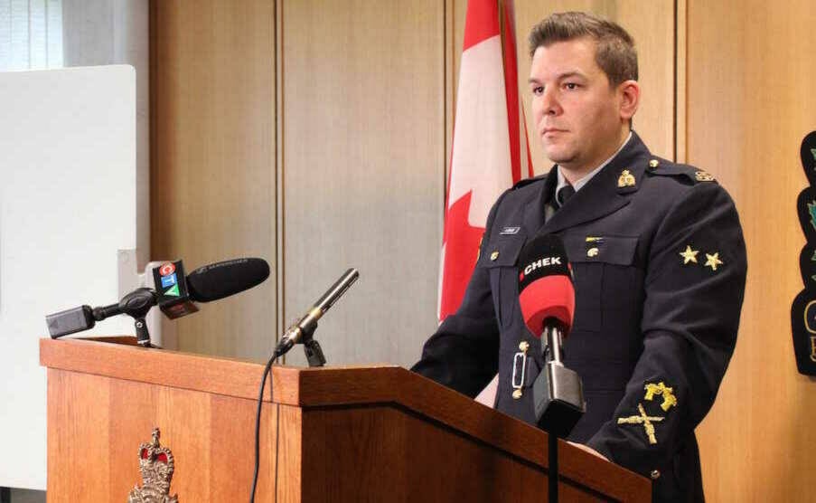 Vancouver Island RCMP Cpl. Alex Berube speaks at a news conference in Victoria on March 31. (Jake Romphf/News Staff)