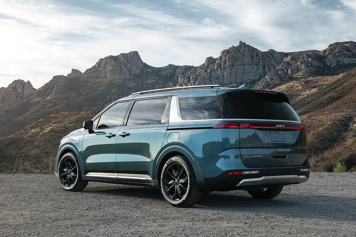 The wide rear pillar and the shorter section of side glass give the impression the Carnival is as much utility vehicle as minivan. Thats not the case, however, as the Carnival does not offer all-wheel-drive. PHOTO: KIA