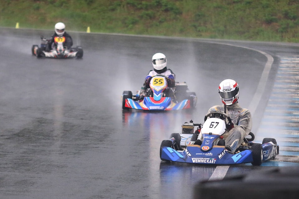 Kart drivers round a turn at the Vancouver Island Motorsport Circuit during races hosted by the Vancouver Island Karting Association on May 8. (Kevin Rothbauer/Citizen)