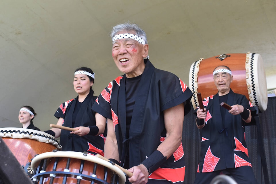 The Uminari Taiko Japanese Drummers kept the crown entertained at the Lewis Park Canada Day festivities. Photo by Terry Farrell