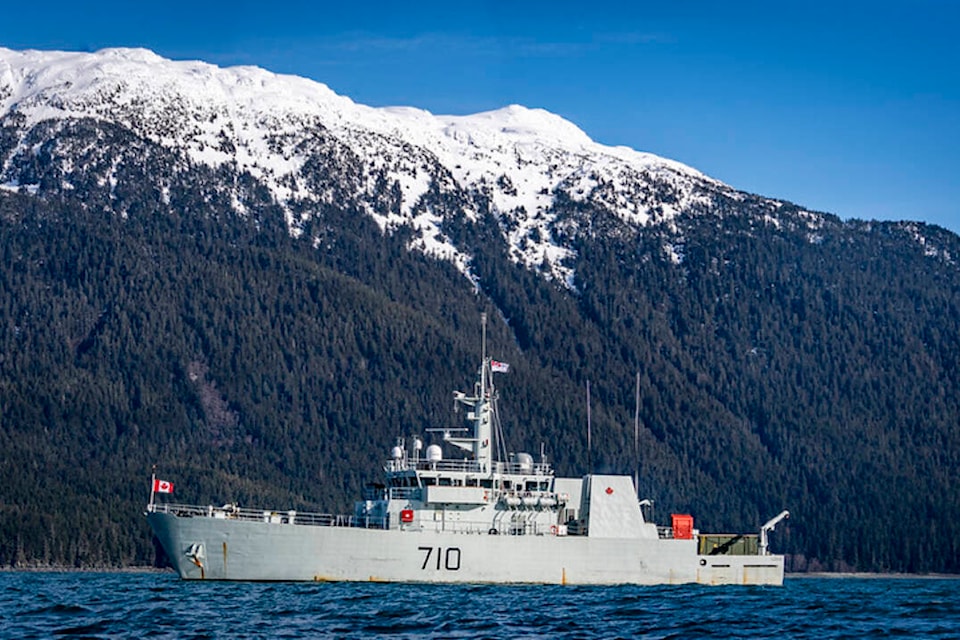 HMCS Brandon sits just outside the area of Juneau, Alaska as the ship supports divers from Fleet Diving Unit Pacific while they conduct mine countermeasure missions on the ocean floor during Exercise ARCTIC EDGE 2022 on March 8, 2022. Photo credit: Master Sailor Dan Bard, Canadian Forces Combat Camera, Canadian Armed Forces photo.