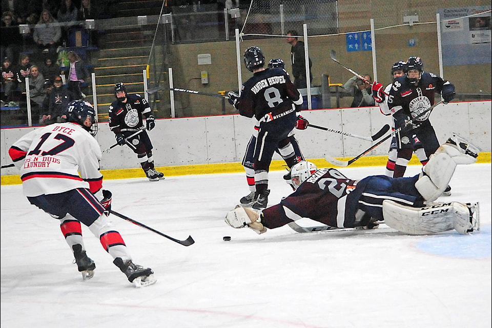 Comox Valley Glacier Kings goalie Steven Reganato covers the puck during Friday’s win against Oceanside. Michael Briones photo