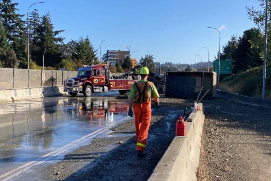 A truck crash on the Trans-Canada Highway is causing delays in Langford. (Bailey Moreton/News Staff)