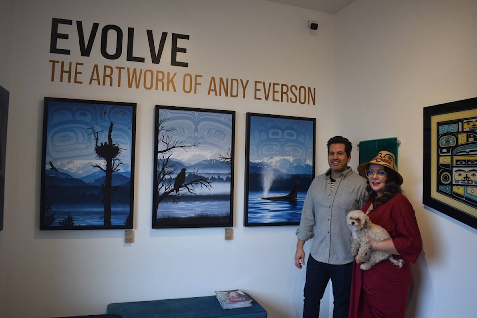 Andy Everson and Erin Brillon (and their dog, Esah) celebrated the grand opening of Kwigwatsi Studio - Totem Design House at 3250 Comox Rd. on Nov. 19. Photo by Terry Farrell