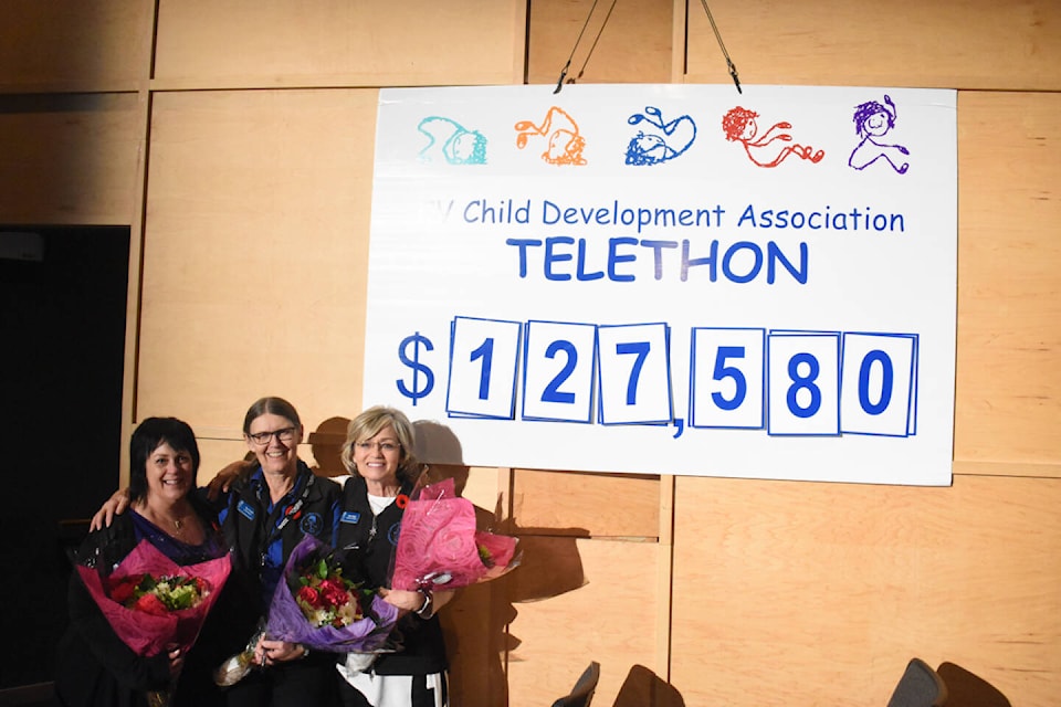 From left, Comox Valley Child Development Association executive director, Cindy Xavier, telethon chair Pam Crowe, and CVCDA president Diane Daigle, celebrate another successful telethon. Photo by Terry Farrell