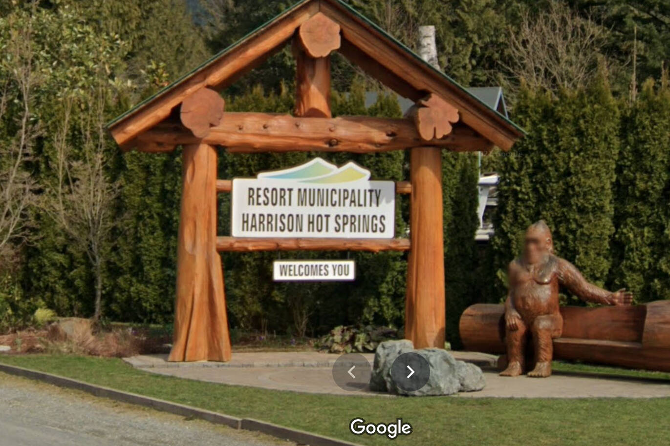 Whether intentional or not, the face of Harrisons sitting Sasquatch is permanently blurred on Google StreetView. (Screenshot/Google StreetView)