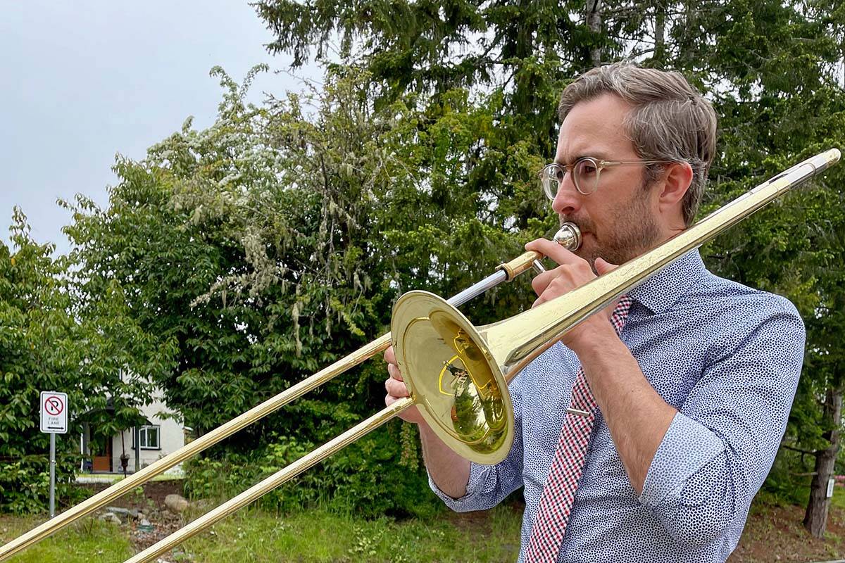Tristan Clausen, a music teacher at St. Johns Academy in Shawnigan Lake, scared a bear away from school grounds by loudly playing his trombone on May 27, 2022. (Submitted photo)