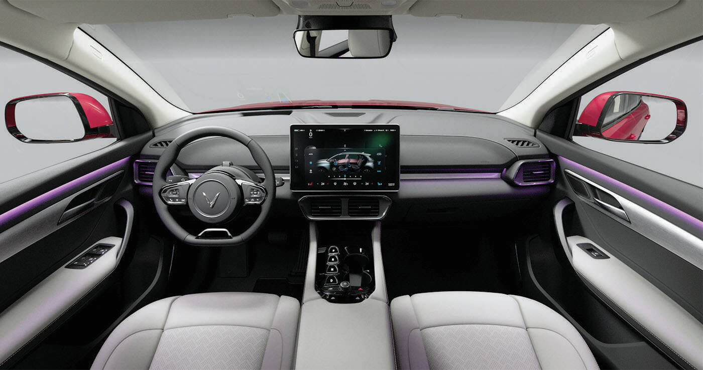 The VF 8Â’s dash is highlighted by a rather complex and all-encompassing 15.6-inch touch-screen that includes the gauge cluster (there are no gauges behind or above the steering wheel). PHOTO: VINFAST