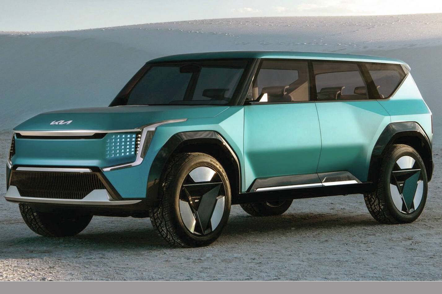 The Kia EV9 will get front and rear electric motors for a net horsepower output of 576, and 300 miles (480 kilometres) of range. PHOTO: KIA