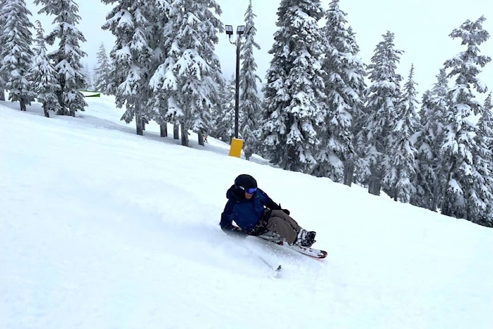 Sit skier Kevin Monk, 24, rips down Whiskey Jack on March 5. (Nora O’Malley photo)