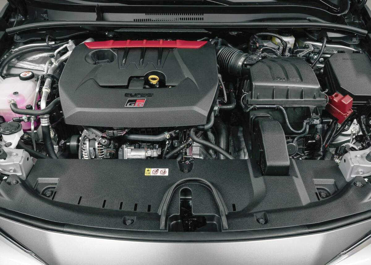 Driving all four wheels of the GR Corolla is a turbocharged 1.6-litre three-cylinder that pumps out 300 horsepower and 273 pound-feet of torque. ThatÂ’s 132 more horsepower than in the standard Corolla hatchback. PHOTO: TOYOTA