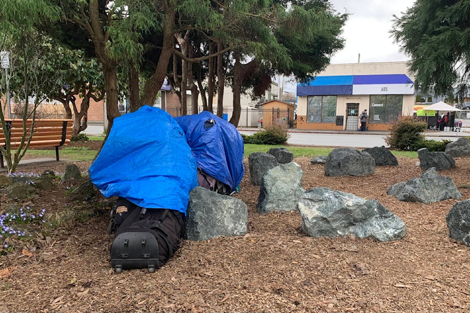 A makeshift shelter sits among the landscaping of the Courtenay City Hall parking lot, with the Connect Centre in the background. The Connect Centre is a safe haven for the homeless.