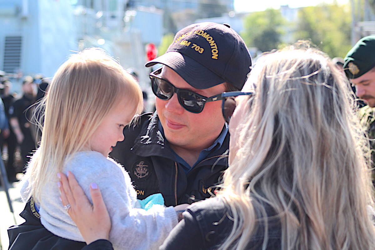 Friends and family welcomed members of HMCS Edmonton back home on April 28 as the ship returned to CFB Esquimalt. The vessel was on a two-and-a-half month deployment involved in a multi-nation narcotics-combatting operation off of Central America. (Jake Romphf/News Staff)