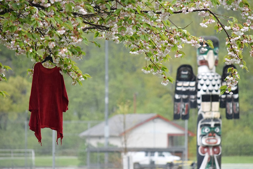 A red dress hangs at Simms Park Friday (May 5) at the Red Dress Day ceremonies. Photo by Erin Haluschak/Comox Valley Record