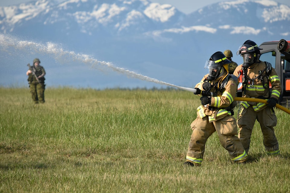 A multi-scale emergency scenario involving multiple agencies took place at 19 Wing Comox May 17 and involved a plane crash with aircraft wreckage around Air Force Beach and 19 Wing Comox. Photo by Erin Haluschak/Comox Valley Record