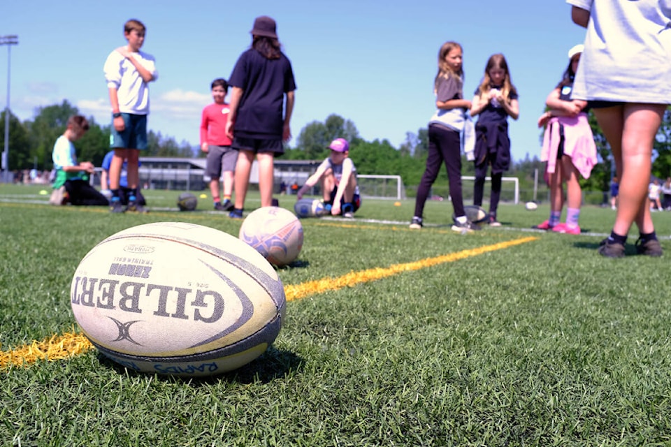 Around 100 Indigenous students from the Comox Valley school district participated in this year’s Indigenous Rugby Day at G.P. Vanier on May 24. (Olivier Laurin / Comox Valley Record)