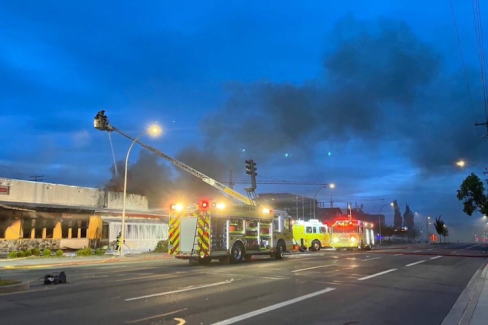 Fire crews battle a restaurant fire in the 2900-block of Douglas Street early Friday (June 16) morning. (Christine van Reeuwyk/News Staff)