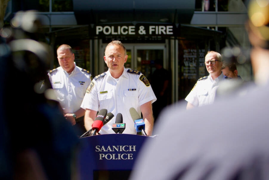 Saanich Police Department Chief Dean Duthie speaks to the media Thursday (June 30) to provide an update on the investigation into a bank robbery in Saanich Tuesday (June 28) which left two suspects dead and six police officers injured. (Justin Samanski-Langille/News Staff) Saanich Police Department Chief Dean Duthie speaks to the media Thursday (June 30) to provide an update on the investigation into a bank robbery in Saanich Tuesday (June 28) which left two suspects dead and six police officers injured. (Justin Samanski-Langille/News Staff)