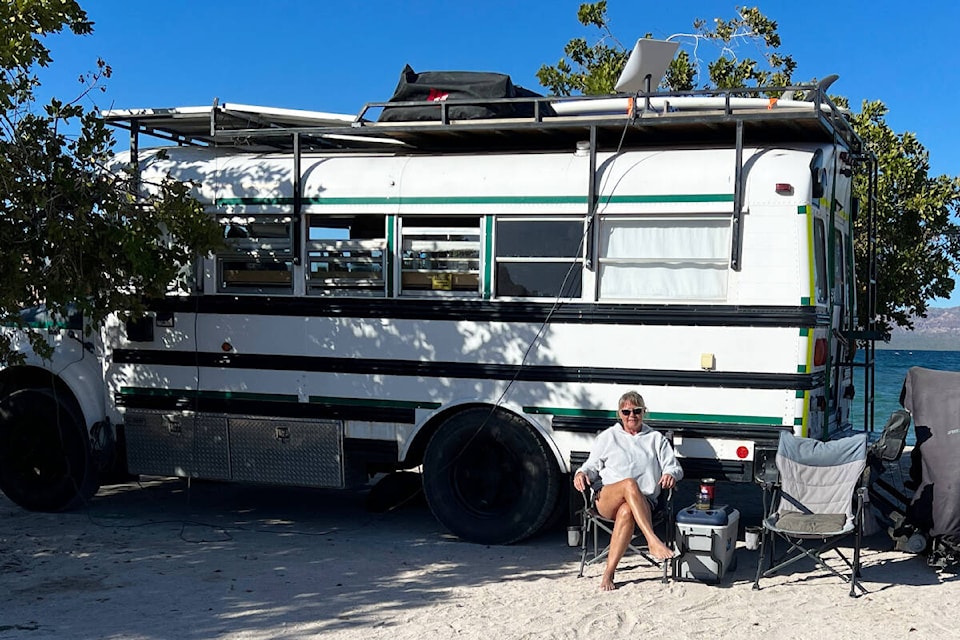 Becky Young converted a 23-foot 1999 international Thomas school bus with her husband, Gary Eichenauer. Young is the executive director of Worldwide Opportunities on Organic Farms (WWOOF). (Photo by Gary Eichenauer)