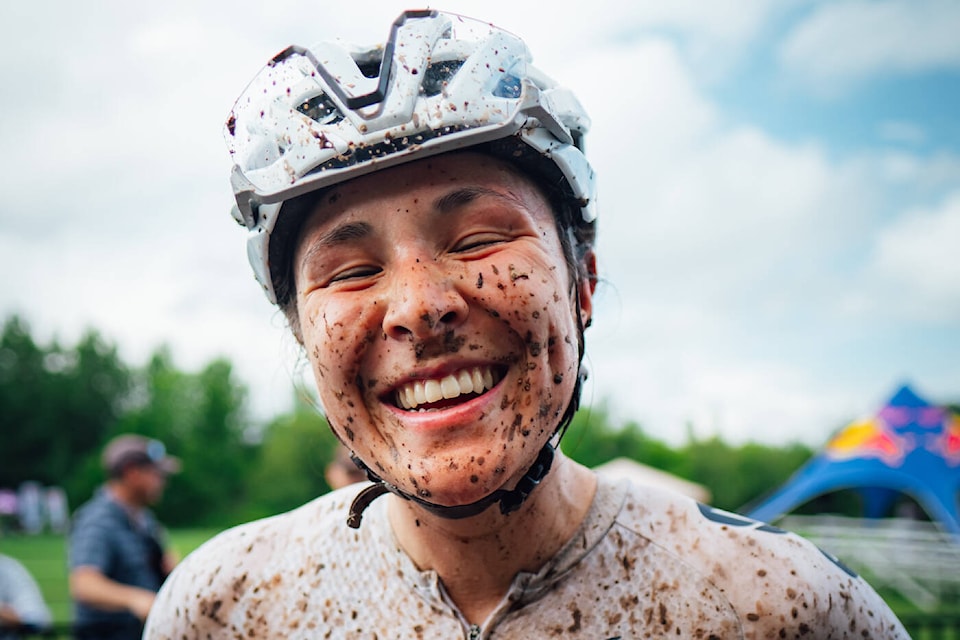 A filthy but jubilant Jenn Jackson following her big win at the Canadian X-Country Mountain Biking National Championships on July 22 in Kentville, Nova Scotia. (Tim Foster/Dose Media Inc.)