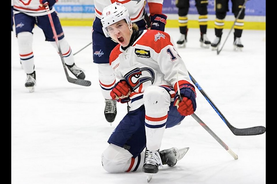 Cowichan's Jordan Bax celebrates a goal during a 4-0 victory over Victoria on Nov. 30.