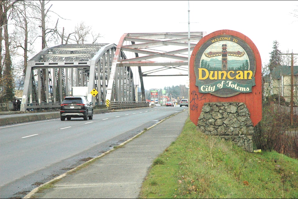 North Cowichan wants the City of Duncan to remove its gateway signs that are on its property, including this one located south of the Silver Bridge facing northbound traffic on the TCH.
