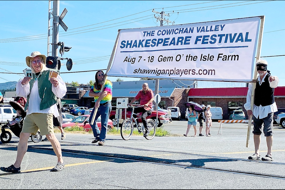 The Cowichan Shakespeare Festival is making its way to the Gem O' the Isle farm next month to present 'The Two Gentlemen of Verona' and 'Love's Labour's Lost'.  Rob Foell, who takes on directing Shakespeare for the first time, hands out programs during the Duncan Days parade on July 13.    