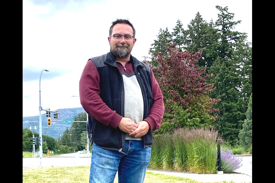 Chris Rees of Cowichan Bay was born with a club foot turned 180 degrees backwards stands outside of the Tim Hortons on Bench Road. Rees has been experiencing excruciating pain for well over a decade and is looking to get corrective surgery in Lithuania with a little help from the community. 
