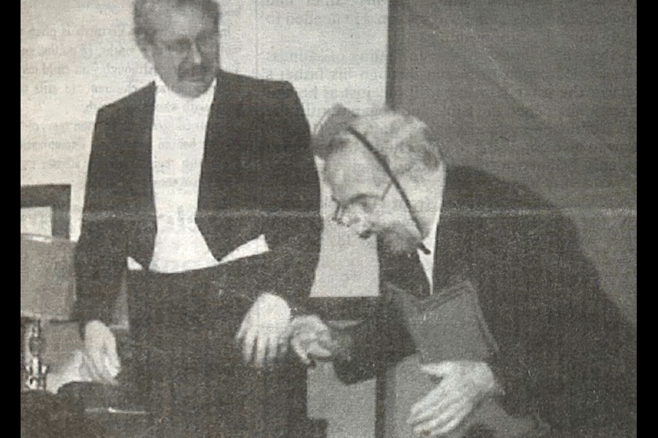 "Lakeside Players were faced with  tragic event when not only their lead actor but also friend and colleague, Roy Duncan, fell ill only days before opening night, Dec. 1, of their production, Lend Me A Tenor." Pictured are Terry Pool (left) and Ken Abbott.