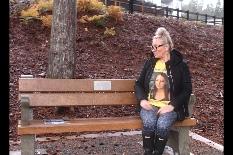 Tracy Sims is still dealing with a lot of emotions since her daughter Samantha's death was recently reclassified a homicide. Sims sits on the memorial bench in Lake Cowichan surrounded by nature and the water to honour her daughter.
