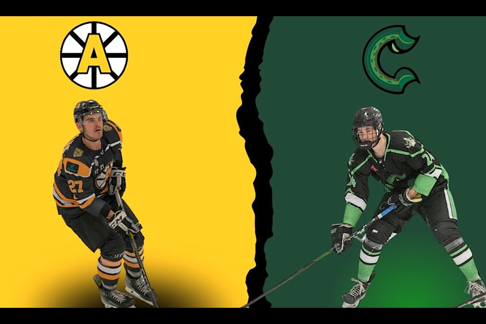The Lake Cowichan Appollos senior men's hockey team will face off against the junior Lake Cowichan Kraken at high noon on Oct. 12 in the first Community Challenge Cup. Donations raised will help a local family. 