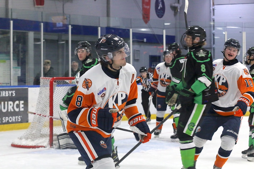 The league's leading scorer, Carson Brown of the Kerry Park Islanders celebrates scoring his team's second goal against the Lake Cowichan Kraken on Saturday, Oct. 26 at Kerry Park Arena.