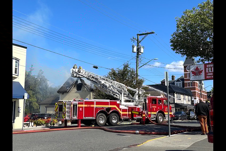 A three-alarm fire overtook the building housing Fabrications on Kenneth Street in Duncan at noon on Thursday, Sept. 12.