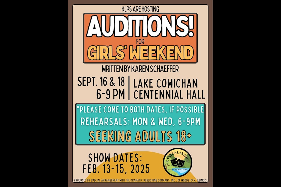 Kaatza Lakeside Players is holding auditions for their new production of 'Girls Weekend' on Sept. 16 and 18 from 6-9 p.m.