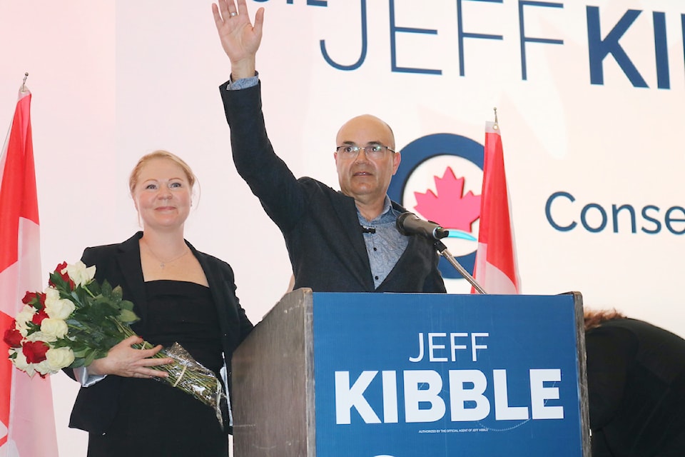 Conservative candidate Jeff Kibble celebrates his win at Bear Mountain Resort on election night. 