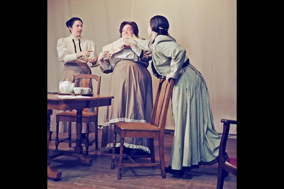 Mercury Players is taking 'Brontë: The World Without' directed by Sylvia Swift to Ladysmith for the South Island Zone Festival and will take the stage on May 16. Brontë sisters Anne played by Zoe Nickerson (left) Emily (Julia Lalonde), and Charlotte (Genevieve Charbonneau). (Photo by Mony Vesseur)