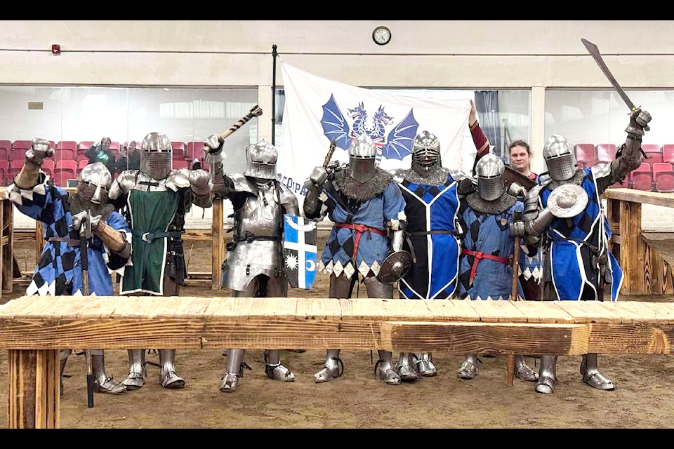 Eight of the nine members of Duncan's Company of the Blue Dragon who competed at the IMCF qualifiers in Calgary last  month move on to represent Team Canada. Seen here, from left, is the Dragone's Melee team Blake Johansen, James Davidson, Brody Vizza, Lucas Mendes, Mike Diaz,  Patrick Depaulo, Lance Gadsby. (Courtesy of Lucas Mendes)