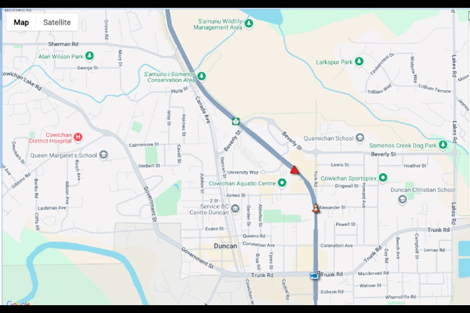 A vehicle incident has closed the Trans-Canada Highway in Duncan Thursday morning, April 10, 2025. (Screenshot)