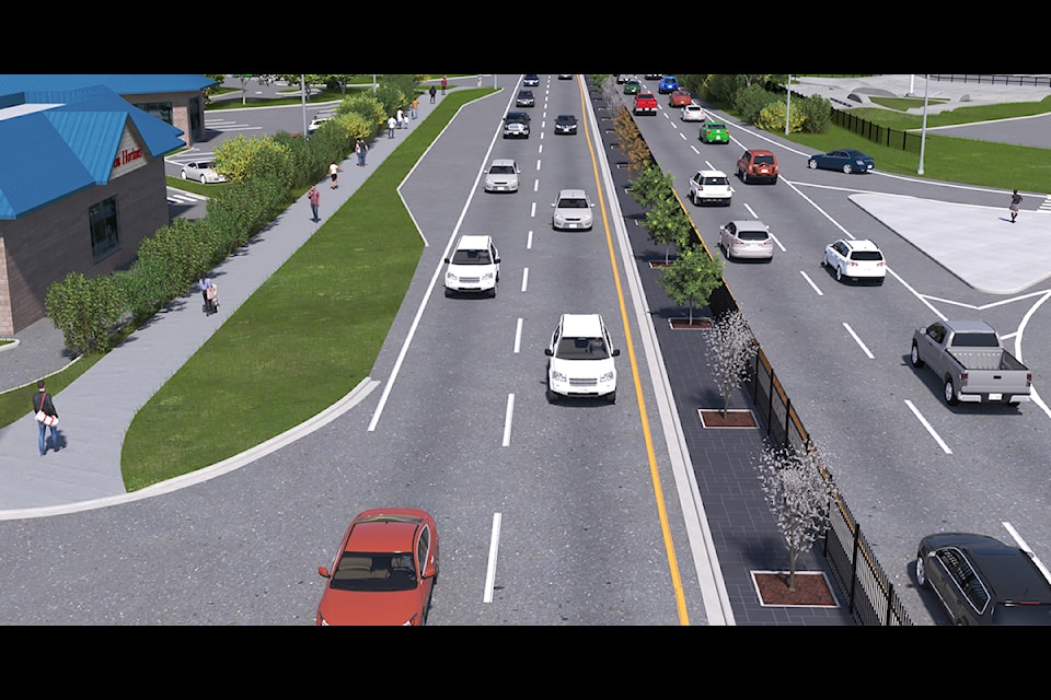 New fencing and boulevard upgrades along the Trans-Canada Highway near the new Quw'utsun Secondary School will be installed this fall. (Ministry of Transportation and Transit graphic)