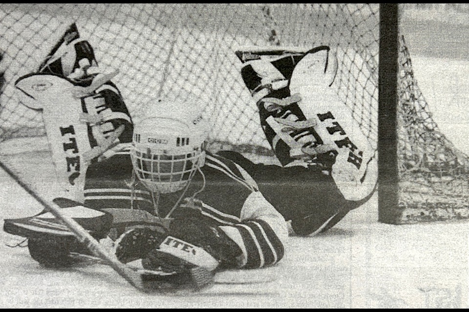 "The Lake Cowichan Lakers goalie dives to make the save during weekend action at the annual Minor Hockey Jamboree, held on Saturday and Sunday at the Cowichan Lake Sports Arena."
