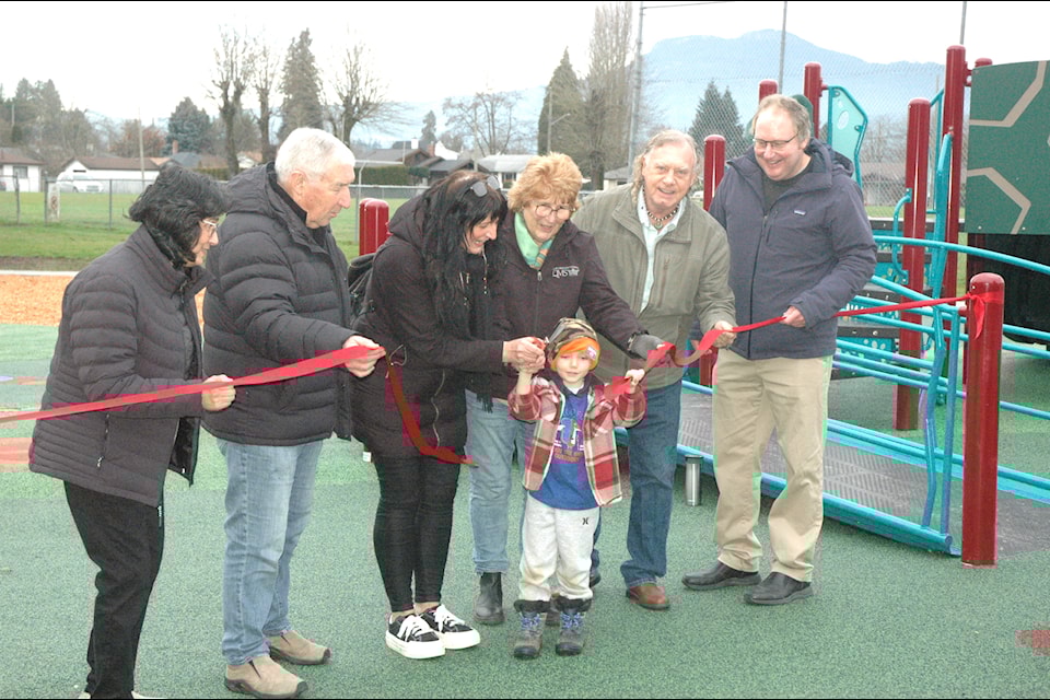 The City of Duncan opened its new playground in McAdam Park on Jan. 9. Pictured, from left, is Cowichan Valley MLA Debra Toporowski, Coun. Garry Bruce, Mayor Michelle Staples, a student from Parkside Academy, Coun. Carol Newington, Coun. Tom Duncan and Brian Murphy, Duncan’s director of public works and engineering.
