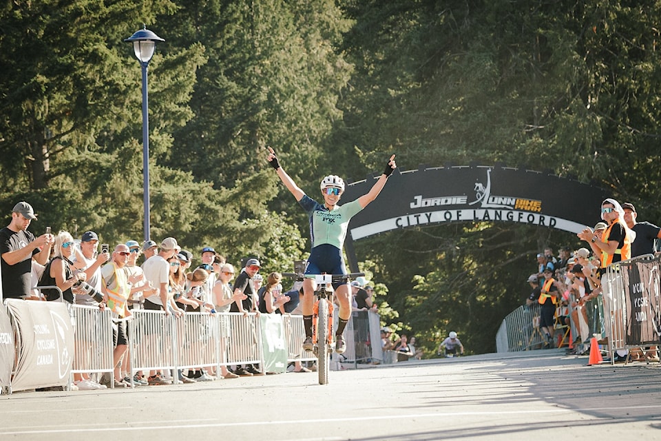 Maple Bay elite mountain bike rider Jennifer Jackson crosses the line in first to claim one of two national titles at the Canadian National XCO and XCC Championships in Langford July 18-20.