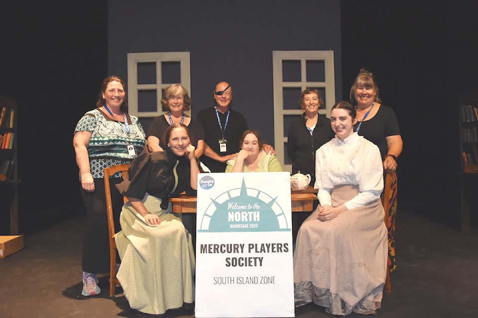 Mercury Players made history as  first time winners at the BC Theatre Mainstage Festival where they were honoured with the award for 'Best Production'. The cast and crew poses for a group photo at the festival. From bottom left: Genevieve Charbonneau, Julia Lalonde, Zoe Nickerson, Sylvia Swift, Margie Pringle, Dan Lecky, Kim Liptrap, and Kara VanRijn.  
(Submitted)