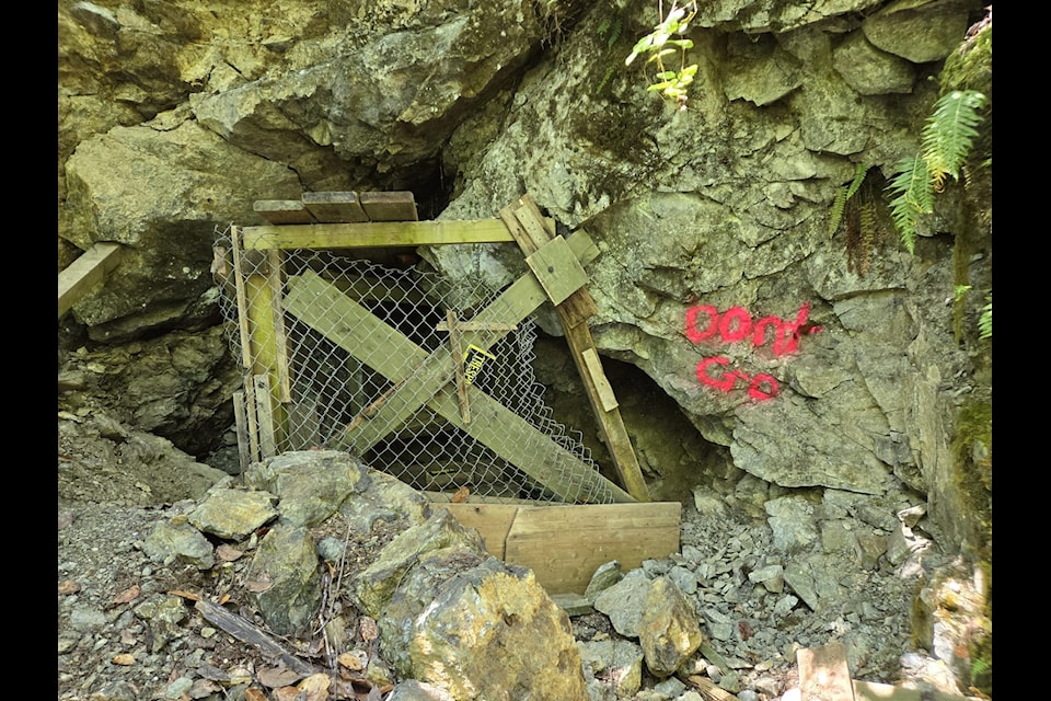 Safety issues at the Blue Grouse mining site, located near Lake Cowichan, like this open mine shaft, are planned to be dealt with as part of a plan by Sasquatch Resources to process  waste rock at the site. (Submitted photo)