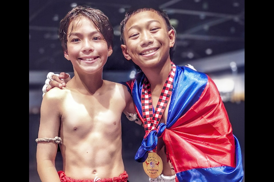 Oscar Lai (12 ) had two big firsts at the end of May, his first time out of Canada and first time showing off his skills at an high level international competition in Washington. Lai (left)  had his bout against Siaosi Sea which was focused more on skills than technique and skills than scoring, with no declared winner. (Submitted)