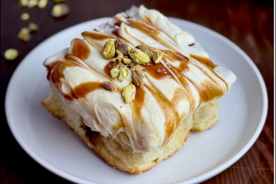 Pistachio Whisky Caramel, Ladysmith Old Town Bakery's March cinnamon bun of the month.