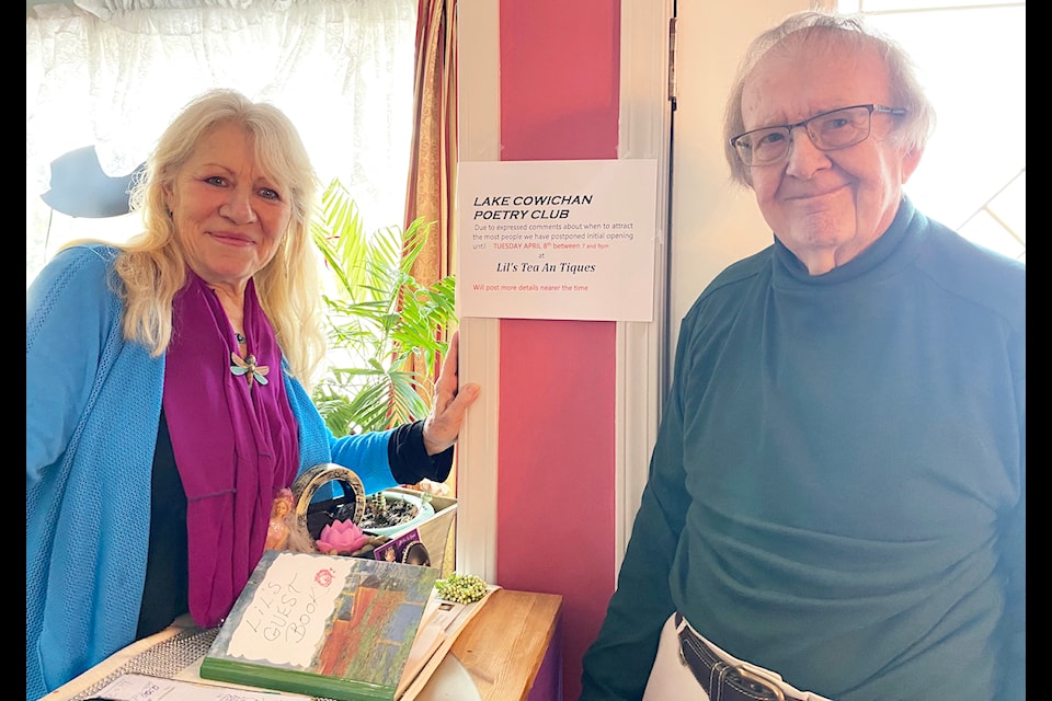 Oh my word, there's a new poetry club in town! Organizer Mike Hammond stands next to Linda Henry, owner of Lil's Tea An-tiques, where the club will meet. (Chadd Cawson/Gazette)