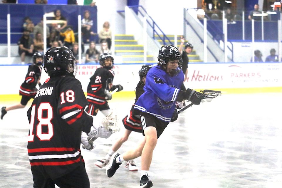 Jackson Reid clears the ball out on May 18 when the Cowichan Thunder U13 squad met Nanaimo B2 at Kerry Park Arena.